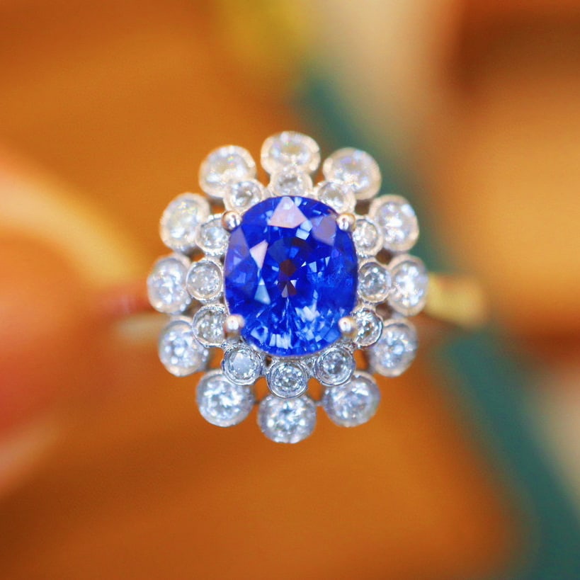 14k Gold 1.68 Ctw Natural Sapphire & Diamond Ring: Ref:230993251 // gold content:14k gold // ring size:7. 25us // // main gemstone:sapphire // shape:oval // carat weight:1. 20ct // color:cornflower blue // treatment:natural // // adjacent gemstone 2