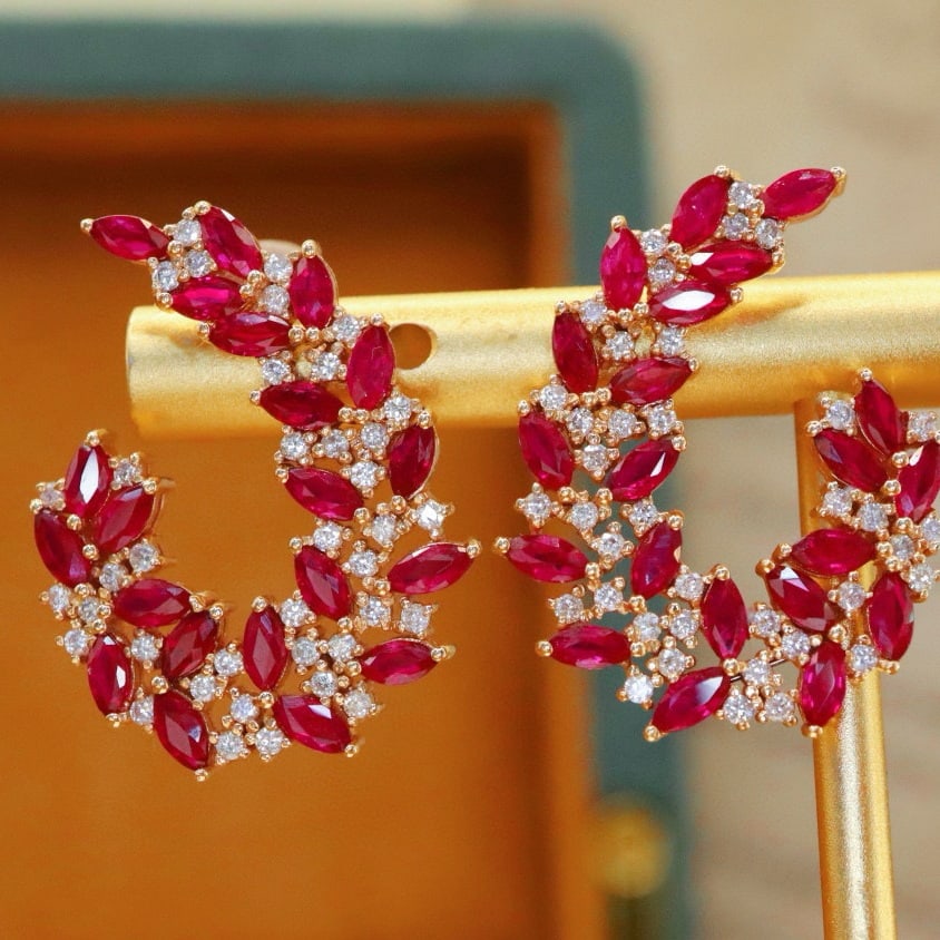 14k Gold 3.83 Ctw Vivid Red Natural Ruby & Diamond Earrings: Ref:230993252 // gold content:14k gold // main gemstone:ruby // shape:marquise // carat weight:3. 22ct // color:vivid red // treatment:natural // // adjacent gemstone 2 : diamond // number of stones:7