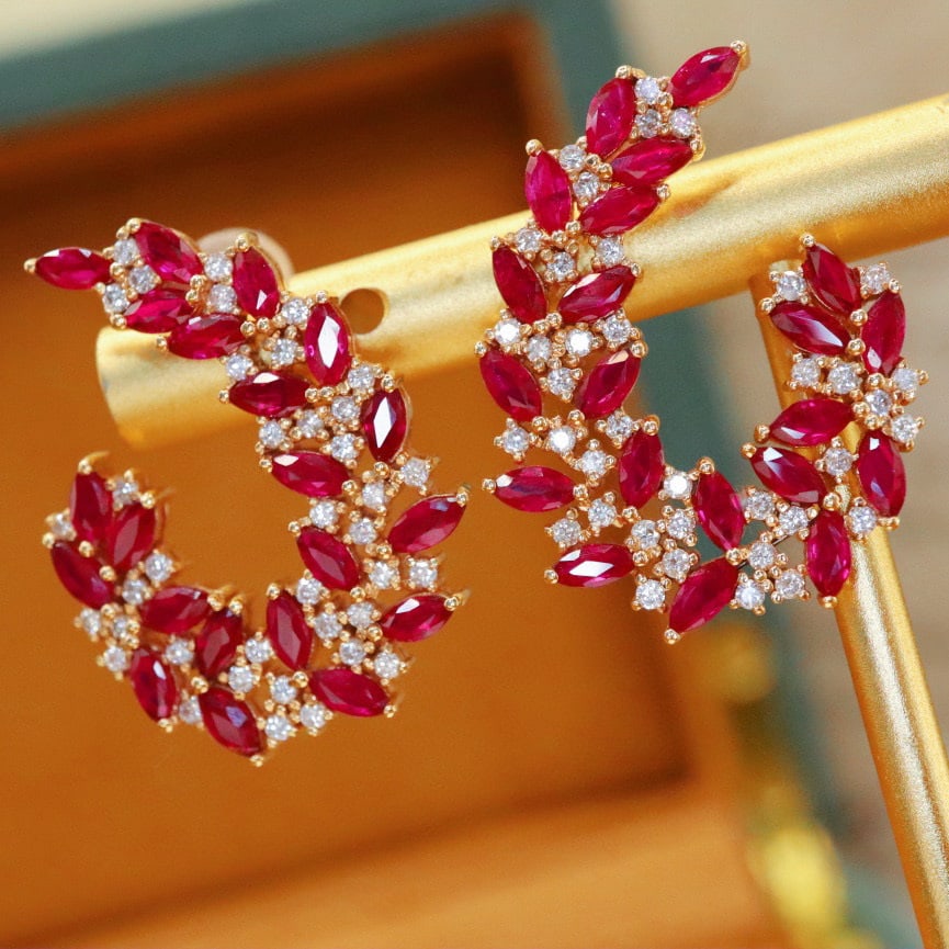 14k Gold 3.83 Ctw Vivid Red Natural Ruby & Diamond Earrings - 2