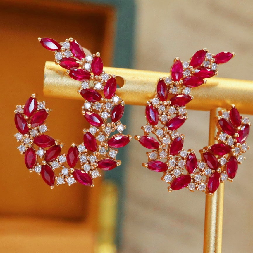 14k Gold 3.83 Ctw Vivid Red Natural Ruby & Diamond Earrings - 3