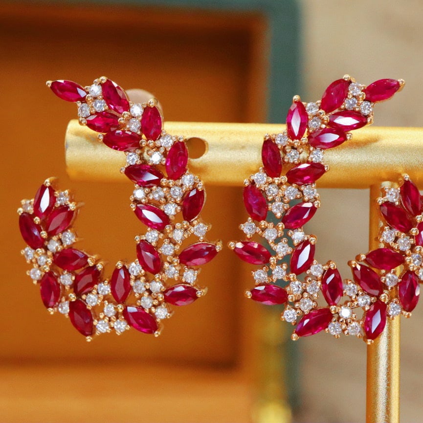 14k Gold 3.83 Ctw Vivid Red Natural Ruby & Diamond Earrings - 4