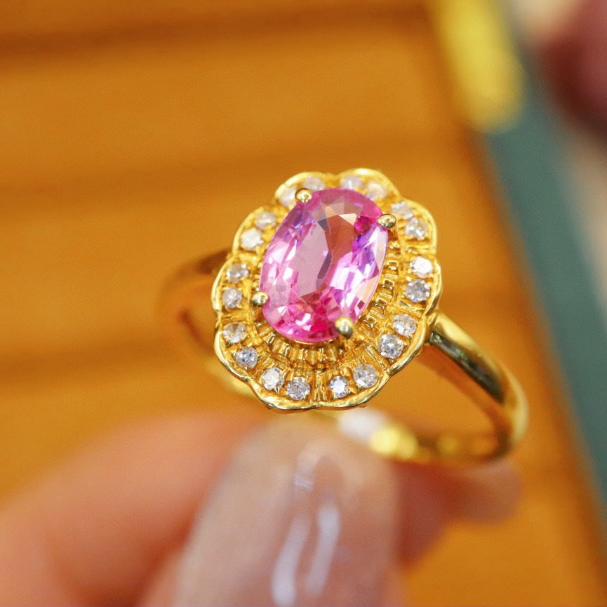 14k Gold 0.93 Ctw Natural Padparadscha Sapphire & Diamond Ring - 2