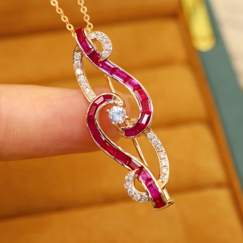 14k Gold 1.96 Ctw Natural Ruby & Diamond Brooch/pendant( Without Chain ): Ref:230994013 // gold content:14k gold // main gemstone:ruby // shape:baguette // carat weight:1. 77ct // color:red // treatment:natural // // adjacent gemstone 2 : diamond // number of stones:24 //