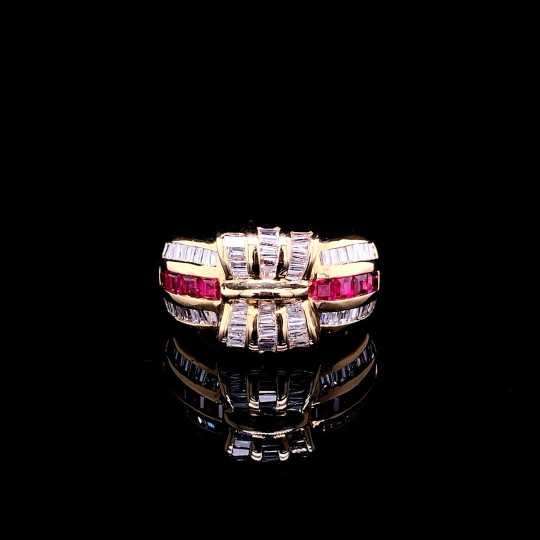 14k Gold 1.6 Ctw Natural Ruby & Diamond Ring: Ref:230994014 // gold content:14k gold // ring size:7. 25us // // main gemstone:ruby // shape:square // carat weight:0. 8ct // color:red // treatment:natural // // adjacent gemstone 2 : diamond //