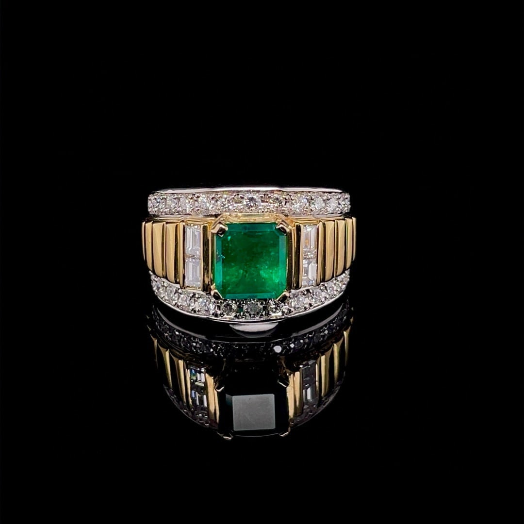 14k Gold 2.49 Ctw Vivid Green Natural Emerald & Diamond Ring: Ref:230994017 // gold content:14k gold // ring size:7. 25us // // main gemstone:emerald // shape:octagonal // carat weight:1. 52ct // color:vivid green // treatment:natural // // adjacent gemstone 2 :