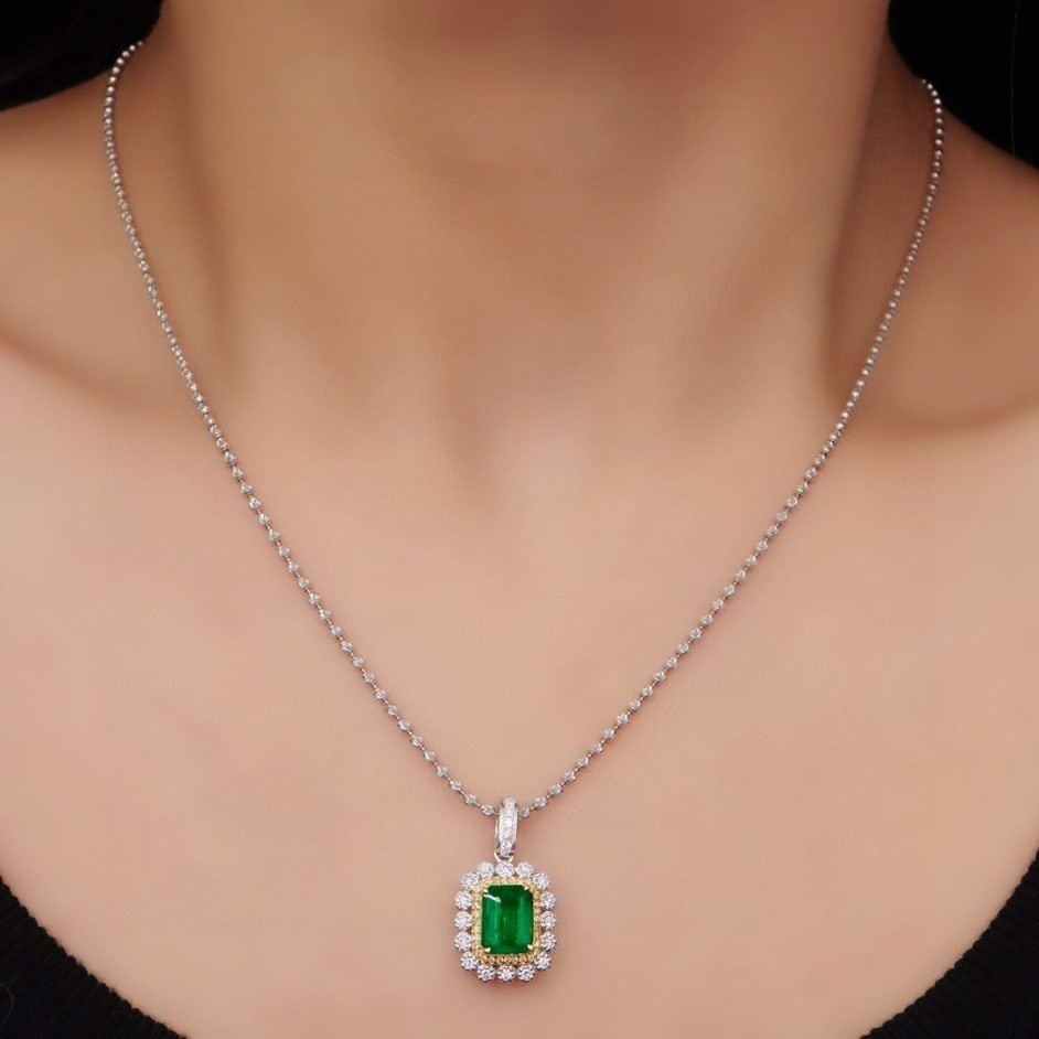 14k Gold 1.50 Ctw Vivid Green Natural Emerald & Diamond Pendant( Without Chain ) - 2