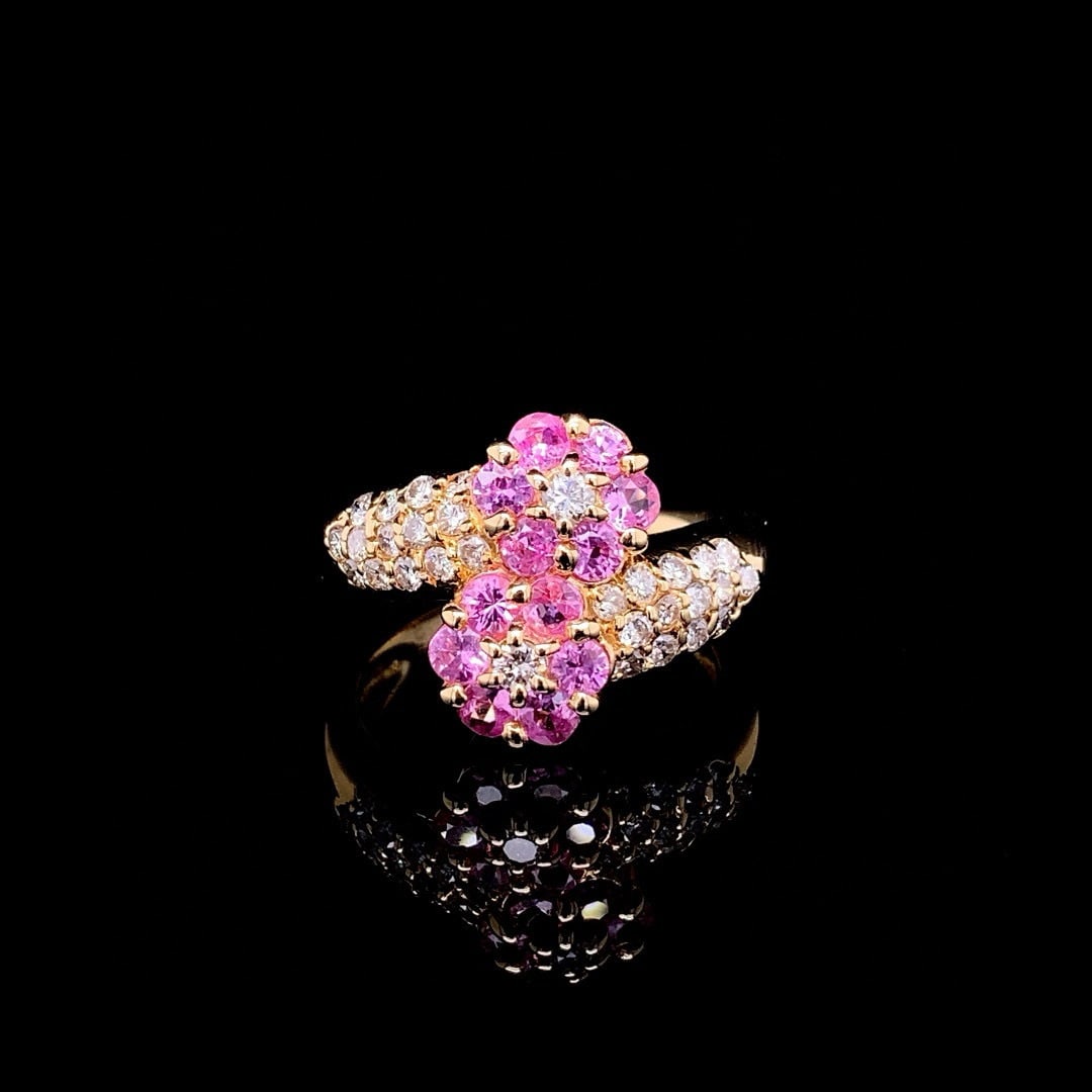 14k Gold 1.23 Ctw Natural Sapphire & Diamond Ring: Ref:230994020 // gold content:14k gold // ring size:7. 25us // // main gemstone:sapphire // shape:round // carat weight:0. 75ct // color:pink // treatment:natural // cut grade:g // // adjacent gemston