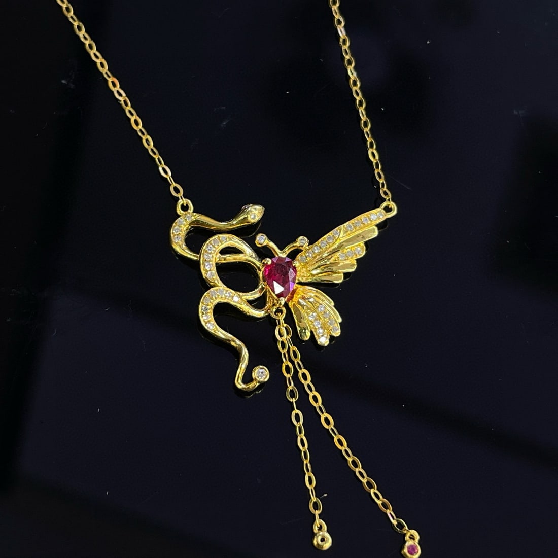 14k Gold 0.22 Ct Natural Ruby & Diamond Necklace - 2