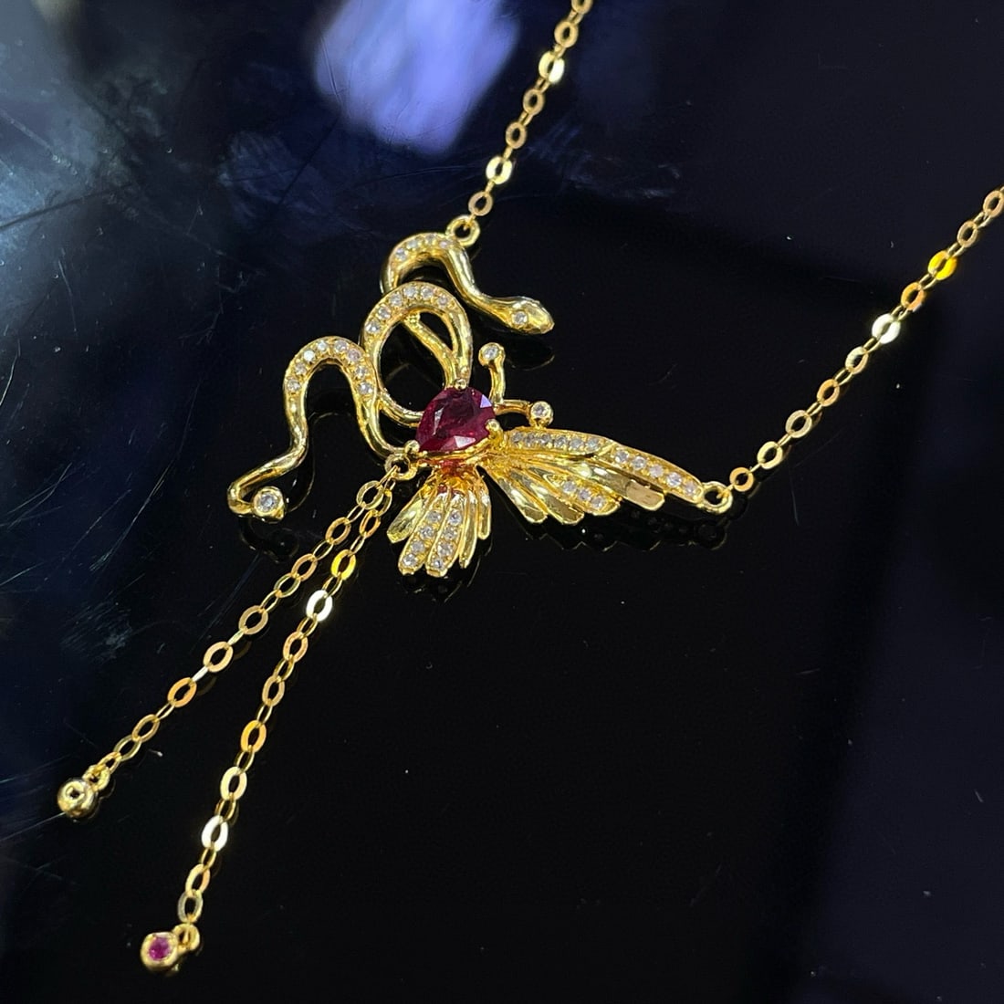 14k Gold 0.22 Ct Natural Ruby & Diamond Necklace - 3