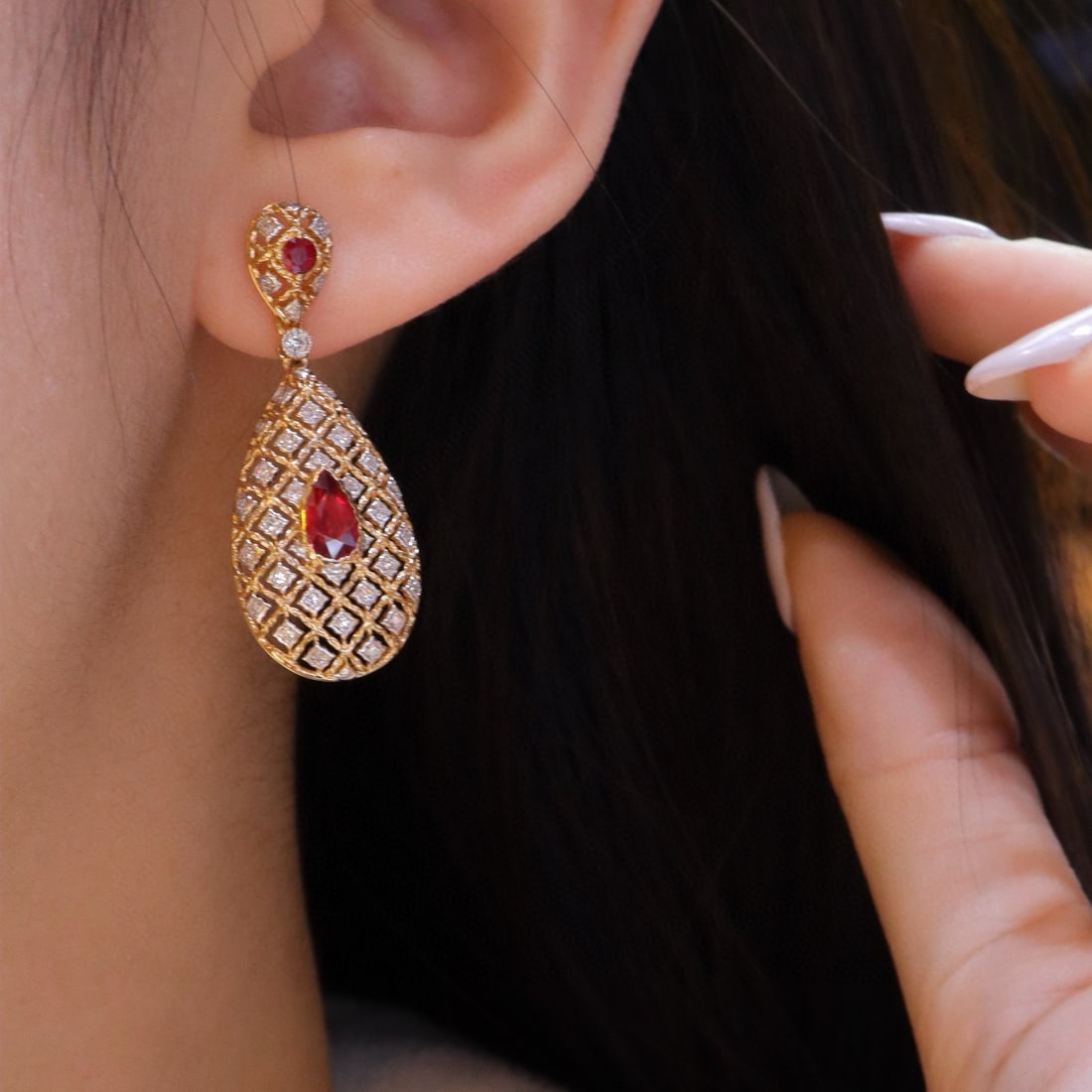 14k Gold 1.70 Ctw Natural Ruby & Diamond Earrings - 2