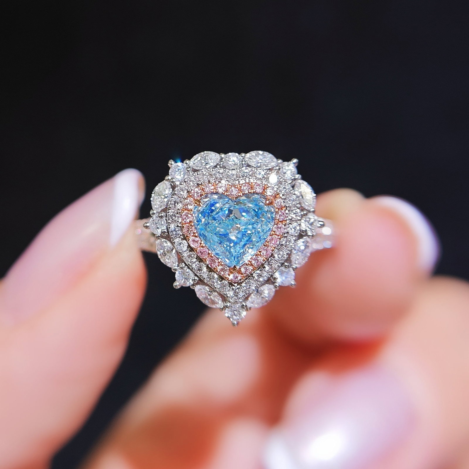 14k Gold 1.42 Ctw Natural Blue Diamond & Diamond Ring/pendant( Without Chain ): Ref:230994034 // gold content:14k gold // ring size:7. 25us // // main gemstone:blue diamond // shape:heart // carat weight:0. 76ct // color:blue // treatment:natural // // adjacent gemstone 2 : diamo