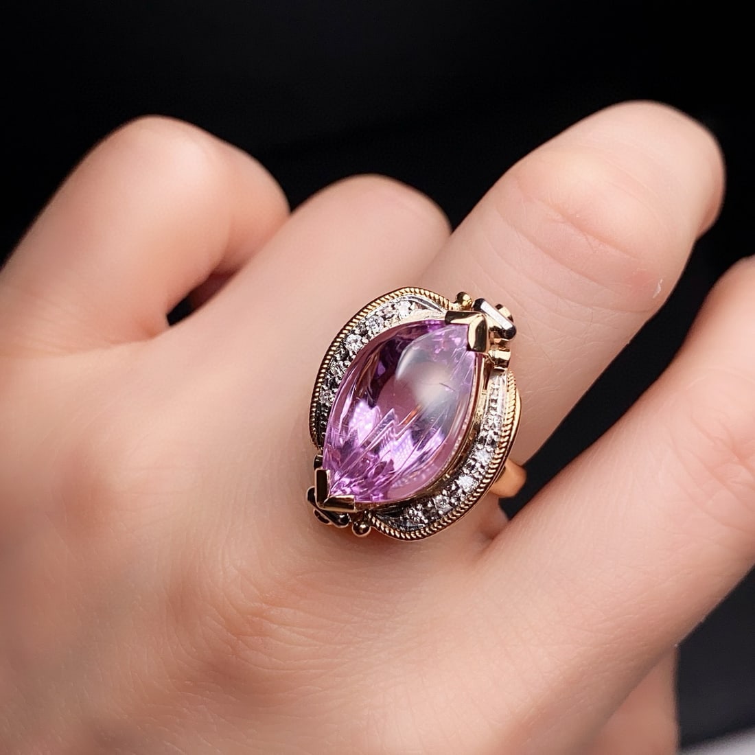 14k Gold 12.74 Ctw Natural Kunzite & Diamond Ring - 2