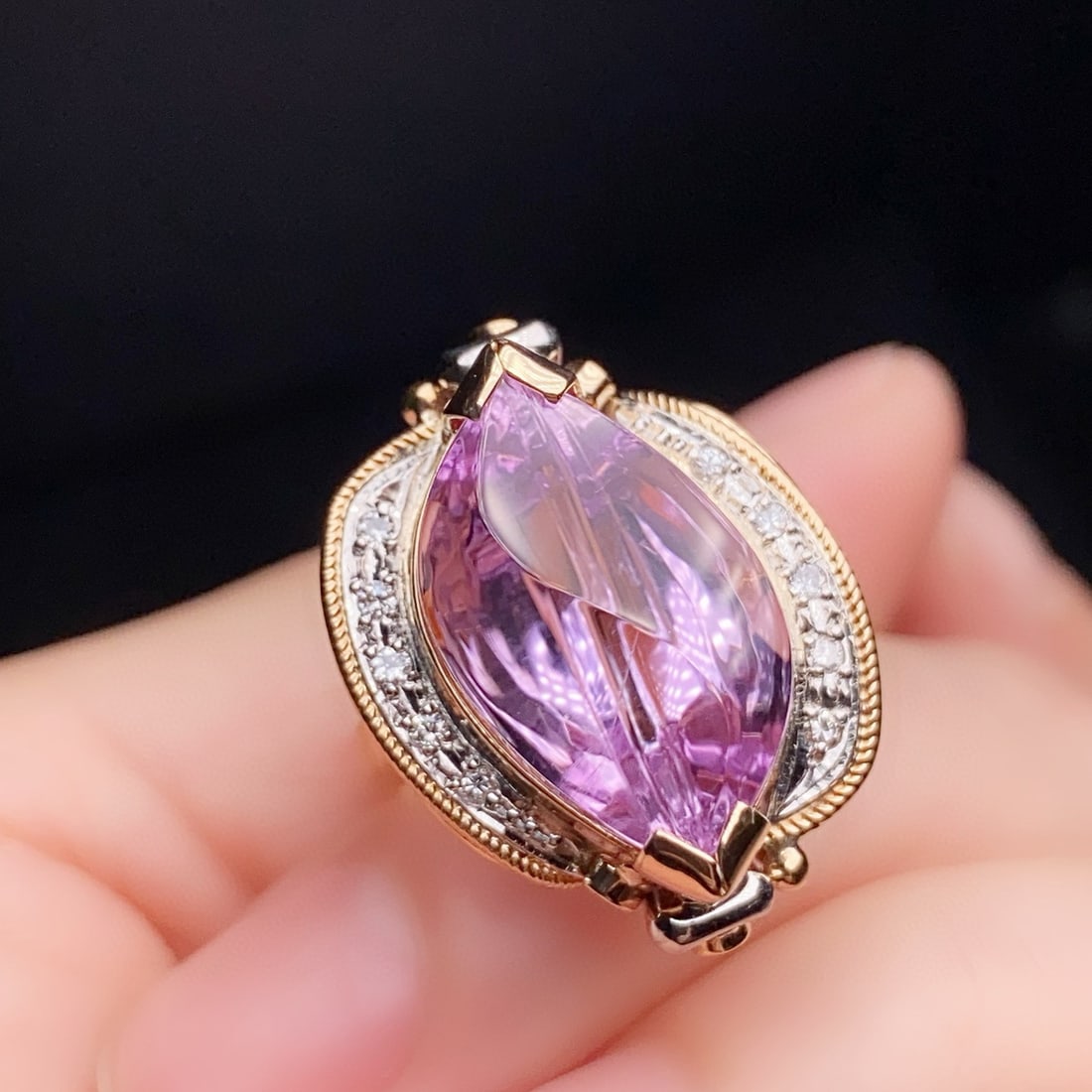 14k Gold 12.74 Ctw Natural Kunzite & Diamond Ring - 3