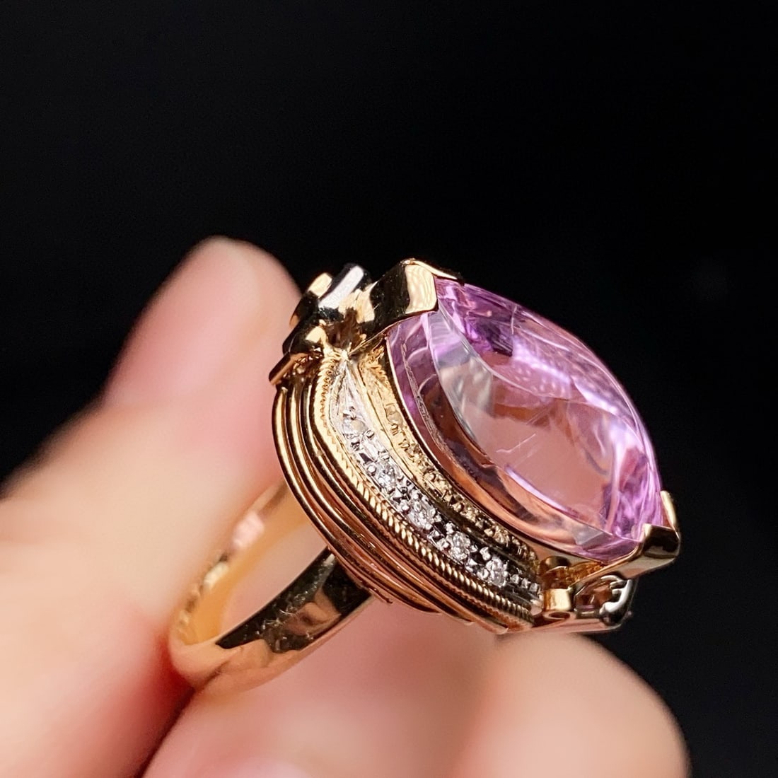 14k Gold 12.74 Ctw Natural Kunzite & Diamond Ring - 4