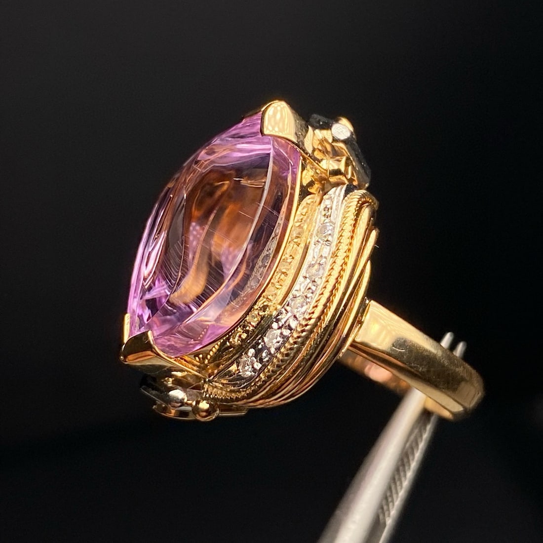 14k Gold 12.74 Ctw Natural Kunzite & Diamond Ring - 5