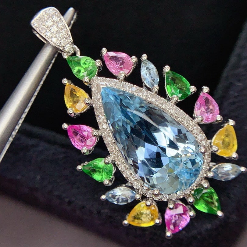 14k Gold 5.3 Ct Natural Aquamarine & Diamond Pendant( Without Chain ) - 2