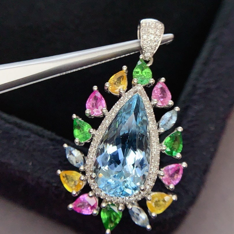 14k Gold 5.3 Ct Natural Aquamarine & Diamond Pendant( Without Chain ) - 3