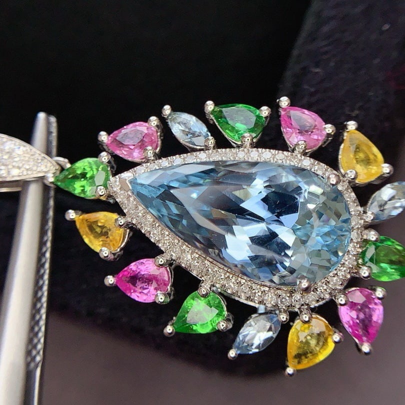 14k Gold 5.3 Ct Natural Aquamarine & Diamond Pendant( Without Chain ) - 4
