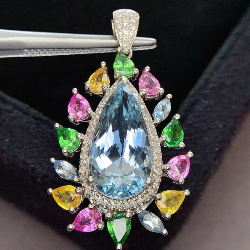 14k Gold 5.3 Ct Natural Aquamarine & Diamond Pendant( Without Chain ) - 5