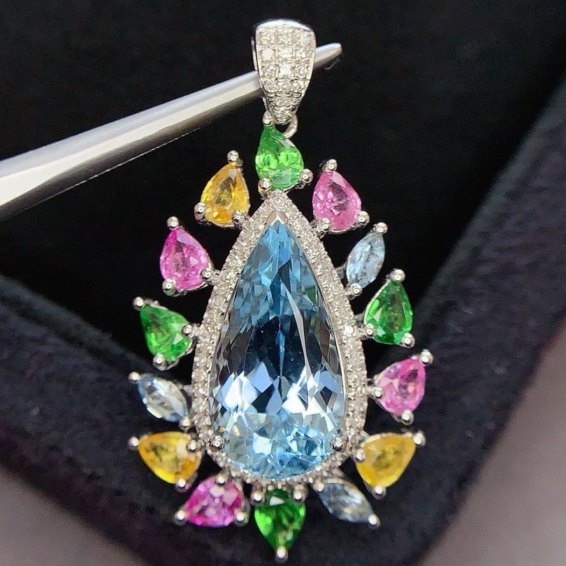 14k Gold 5.3 Ct Natural Aquamarine & Diamond Pendant( Without Chain ) - 6