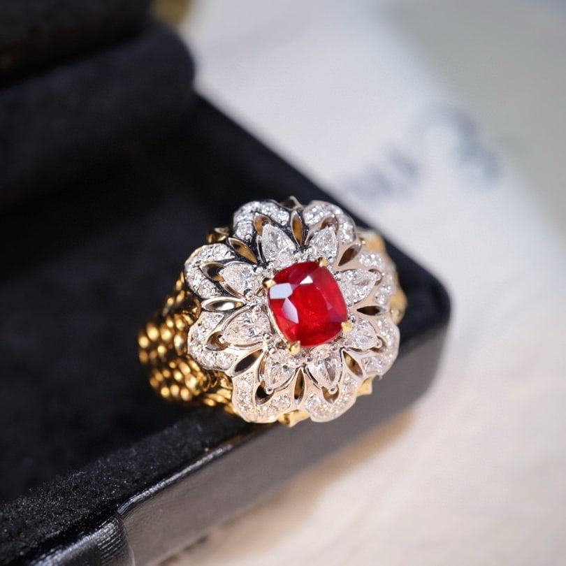 14k Gold 1.47 Ctw Natural Ruby & Diamond Ring: Ref:230994055 // gold content:14k gold // ring size:7. 25us // // main gemstone:ruby // shape:cushion // carat weight:0. 84ct // color:pigeonblood red // treatment:natural // // adjacent gemstone 2 : 