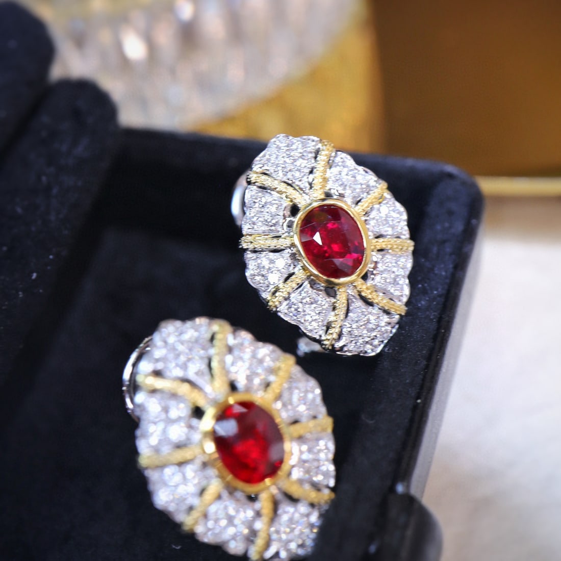 14k Gold 2.40 Ctw Natural Ruby & Diamond Earrings: Ref:230994056 // gold content:14k gold // main gemstone:ruby // shape:oval // carat weight:1. 36ct // color:pigeonblood red // treatment:natural // // adjacent gemstone 2 : diamond // shape:round // c