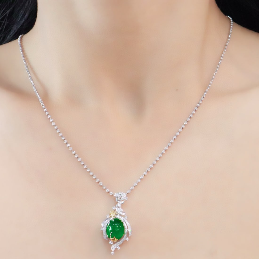 14k Gold 3.53 Ctw Vivid Green Natural Emerald & Diamond Pendant( Without Chain ) - 3