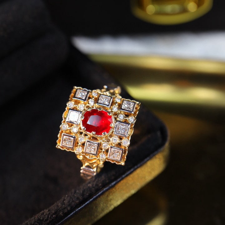 14k Gold 1.07 Ctw Natural Ruby & Diamond Ring: Ref:230994074 // gold content:14k gold // ring size:7. 25us // // main gemstone:ruby // shape:oval // carat weight:0. 64ct // color:pigeonblood red // treatment:natural // // adjacent gemstone 2 : dia