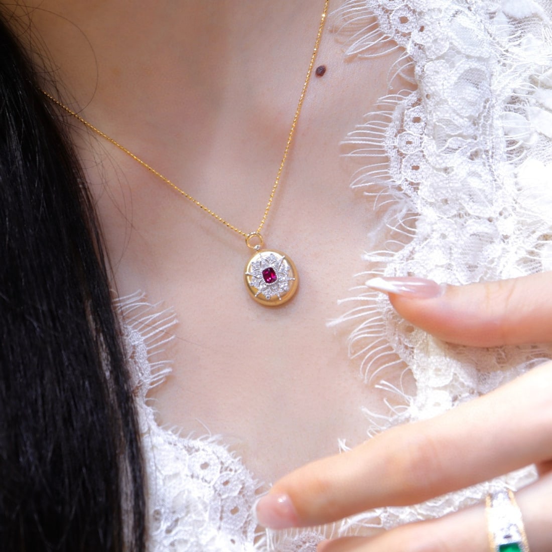 14k Gold 0.3 Ct Natural Ruby & Diamond Pendant( Without Chain ) - 2
