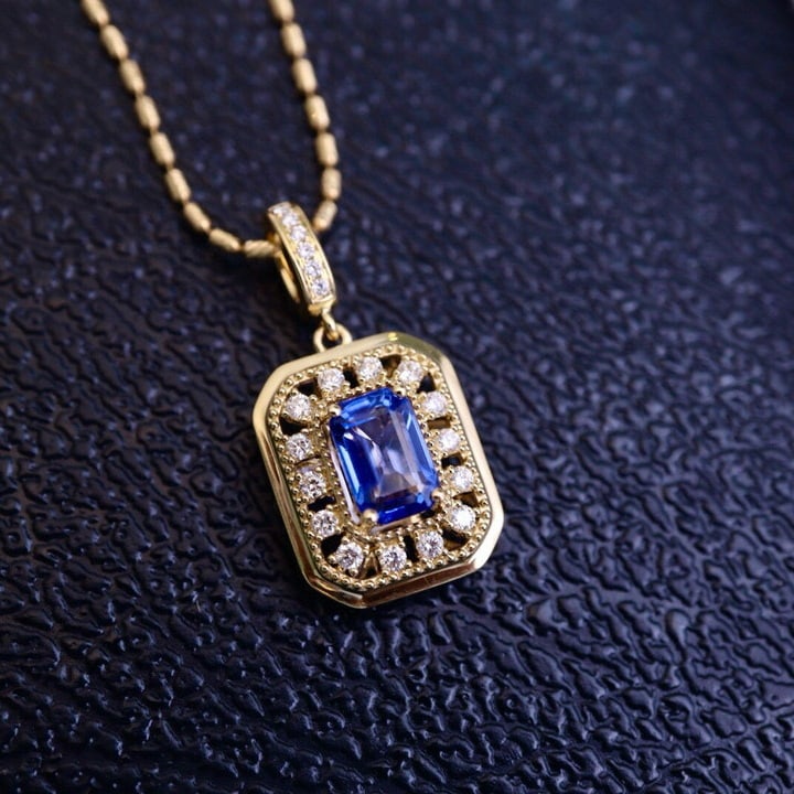 14k Gold 1.97 Ctw Natural Sapphire & Diamond Pendant( Without Chain ): Ref:230994079 // gold content:14k gold // main gemstone:sapphire // shape:octagonal // carat weight:1. 70ct // color:blue // treatment:natural // // adjacent gemstone 2 : diamond // shape:round //