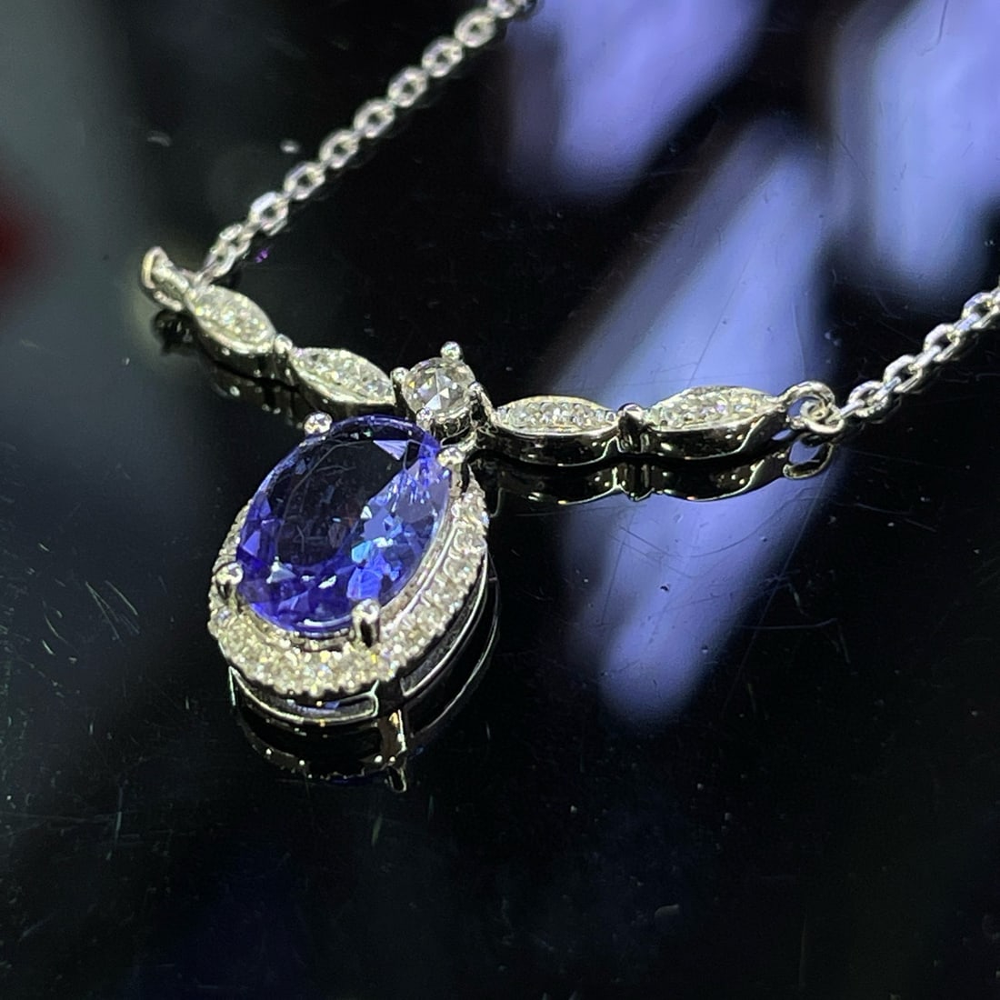 14k Gold 1.00 Ct Natural Tanzanite & Diamond & Sapphire Necklace - 2