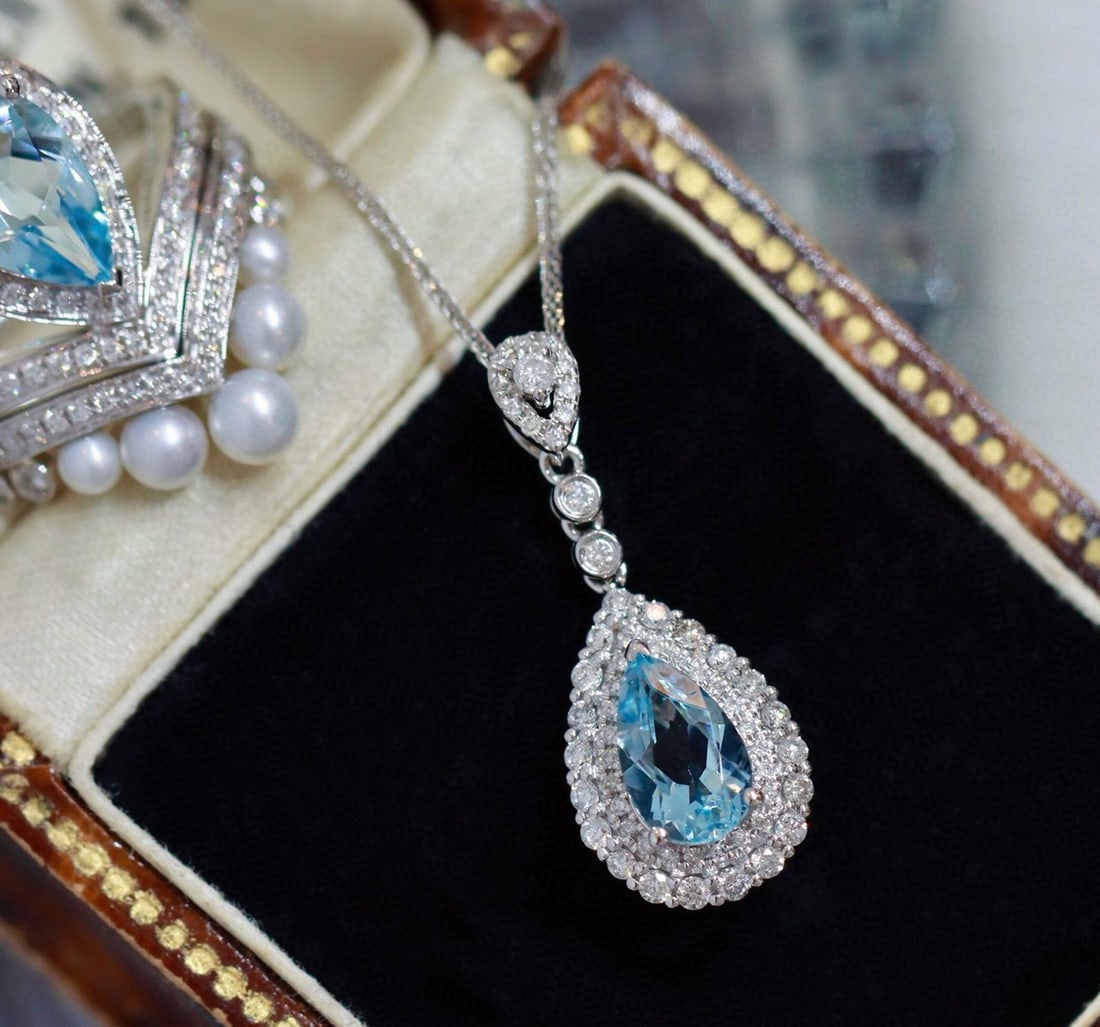 14k Gold 3.25 Ct Natural Aquamarine & Diamond Jewelry Set - 2