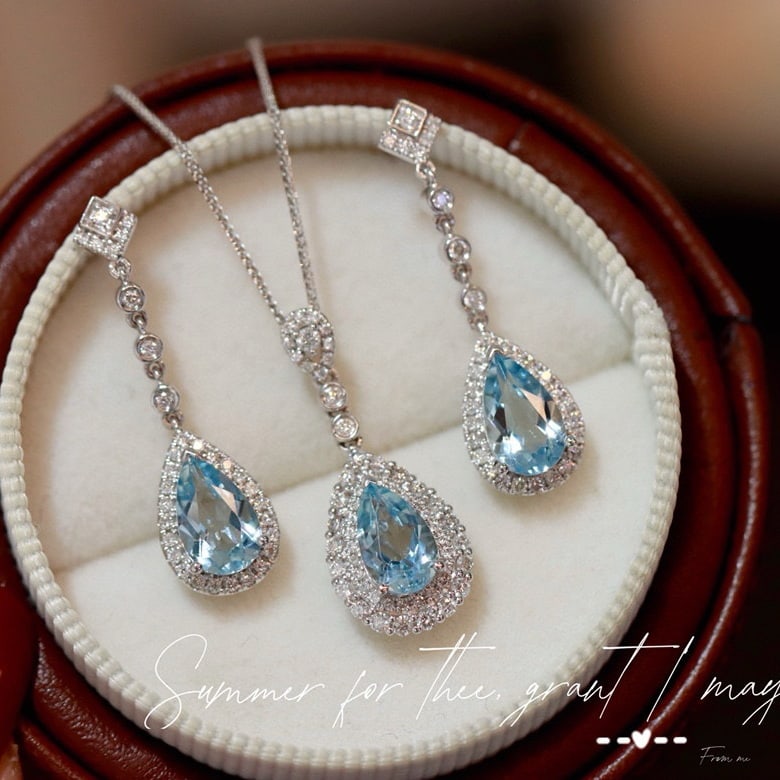 14k Gold 3.25 Ct Natural Aquamarine & Diamond Jewelry Set - 4