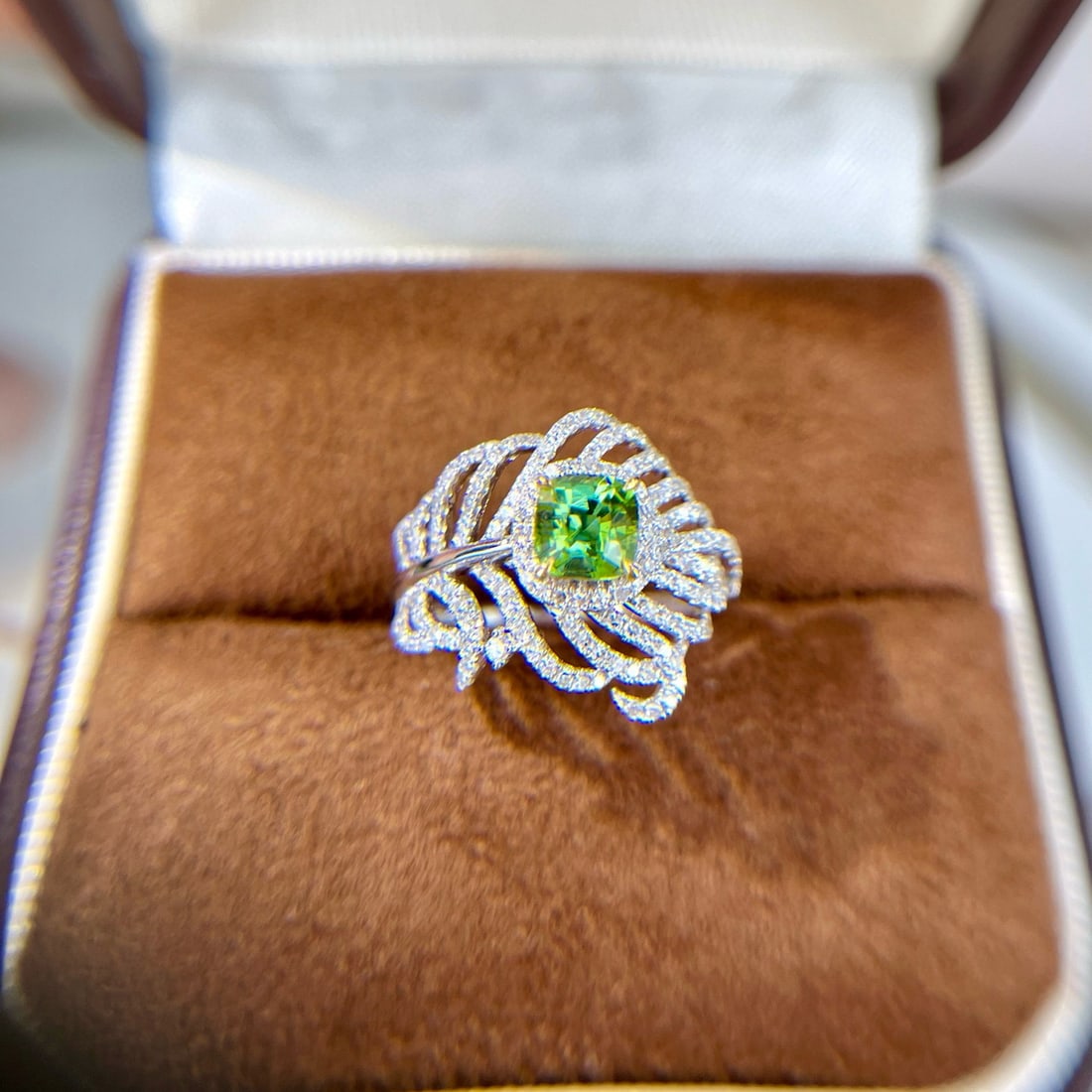 14k Gold 1.24 Ctw Natural Tourmaline & Diamond Ring: Ref:230994097 // gold content:14k gold // ring size:7. 25us // // main gemstone:tourmaline // shape:cushion // carat weight:0. 80ct // color:green // treatment:natural // // adjacent gemstone 2 : diam