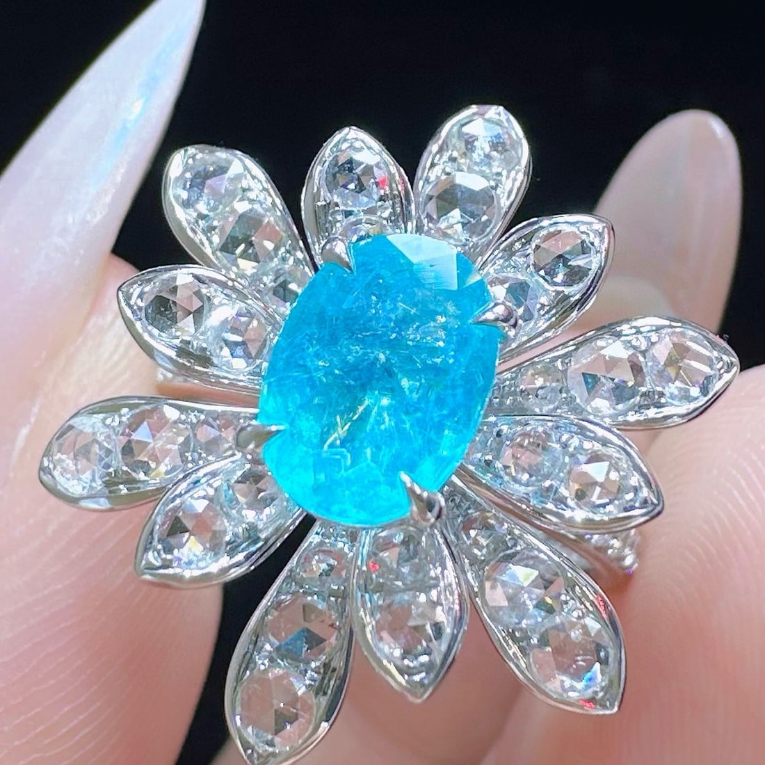 14k Gold 1.47 Ct Natural Paraiba Tourmaline & Sapphire & Diamond Ring - 2