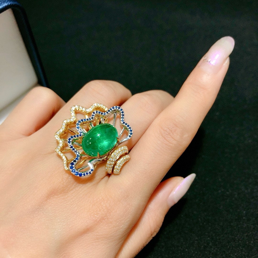 14k Gold 10.11 Ctw Vivid Green Natural Emerald & Diamond Ring - 6