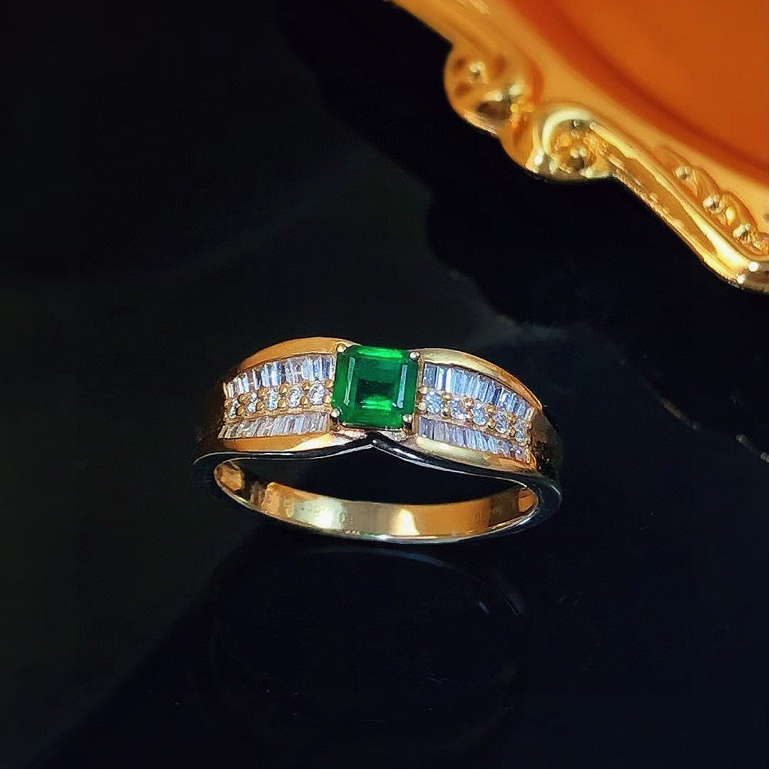 14k Gold 0.38 Ct Vivid Green Natural Emerald & Diamond Ring: Ref:230994145 // gold content:14k gold // ring size:7. 25us // // main gemstone:emerald // shape:octagonal // carat weight:0. 38ct // color:vivid green // treatment:natural // // adjacent gemstone 2