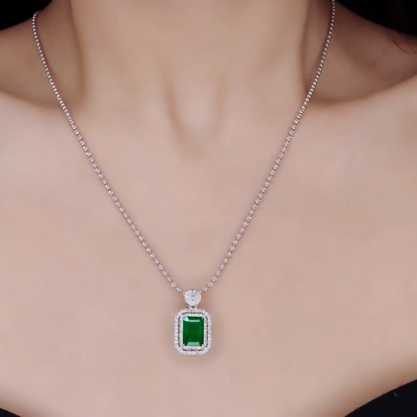 14k Gold 2.45 Ctw Vivid Green Natural Emerald & Diamond Pendant( Without Chain ) - 2