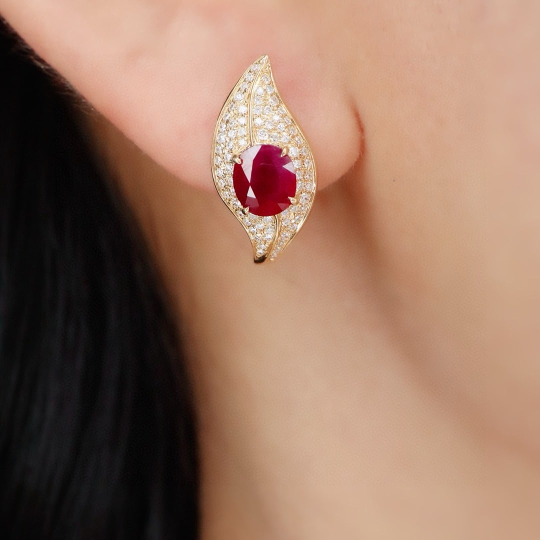 14k Gold 2.77 Ctw Natural Ruby & Diamond Earrings - 3