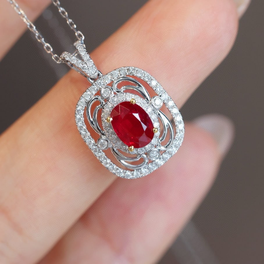 14k Gold 1.29 Ctw Vivid Red Natural Ruby & Diamond Pendant( Without Chain ) - 4