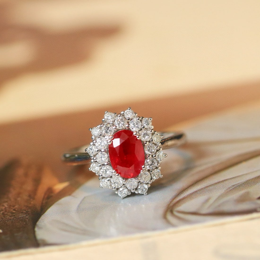 14k Gold 1.54 Ctw Natural Ruby & Diamond Ring: Ref:230994159 // gold content:14k gold // ring size:7. 25us // // main gemstone:ruby // shape:oval // carat weight:1. 06ct // color:pigeonblood red // treatment:natural // // adjacent gemstone 2 :