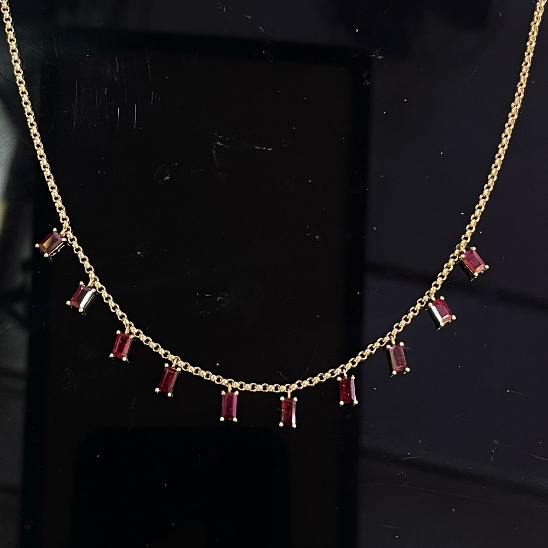 14k Gold 3.41 Ct Natural Ruby Necklace: Ref:230994173 // gold content:14k gold // main gemstone:ruby // shape:rectangle // carat weight:3. 41ct // color:red // treatment:natural // Condition: New Low Estimate: 3100 High Estimate: 4600