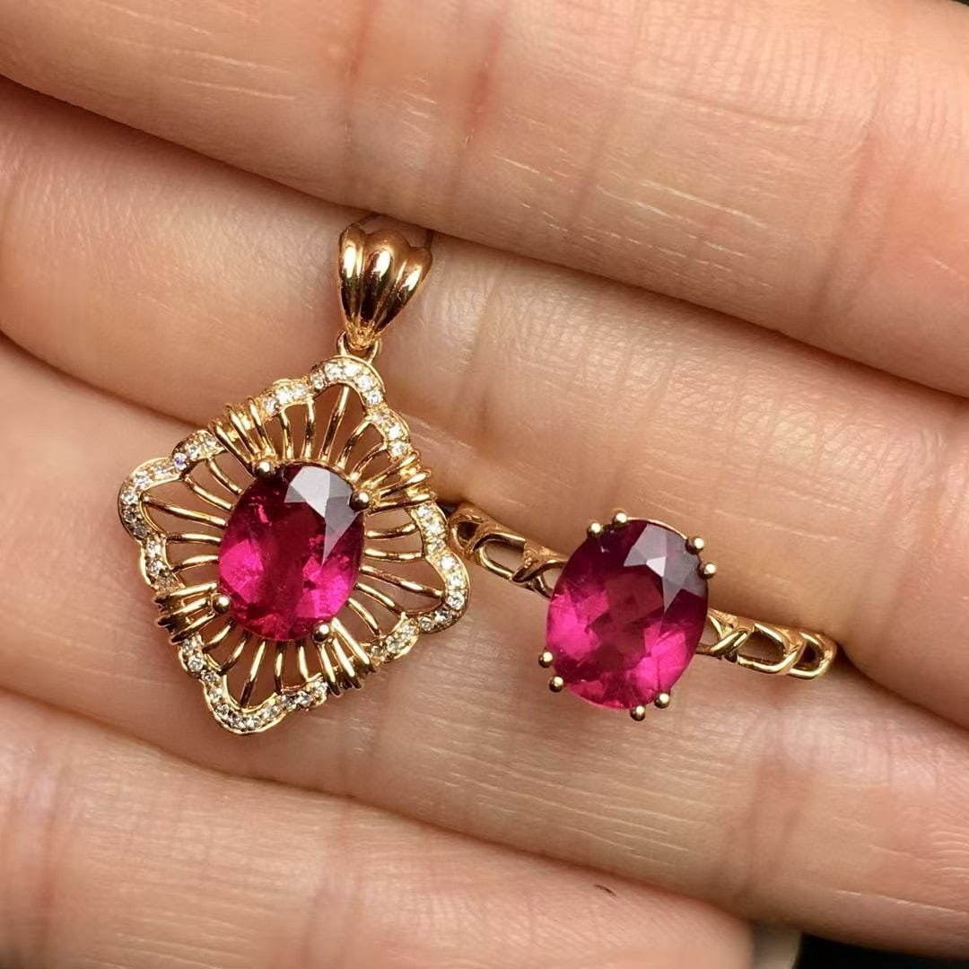 14k Gold 2.5 Ct Natural Tourmaline & Diamond Jewelry Set: Ref:230994174 // gold content:14k gold // ring size:7. 25us // // pendant(without chain) // main gemstone:tourmaline // shape:oval // carat weight:1. 2ct // color:red // treatment:natural // // adjace