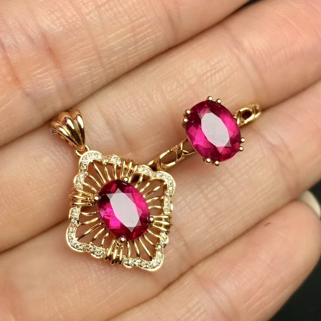14k Gold 2.5 Ct Natural Tourmaline & Diamond Jewelry Set - 2
