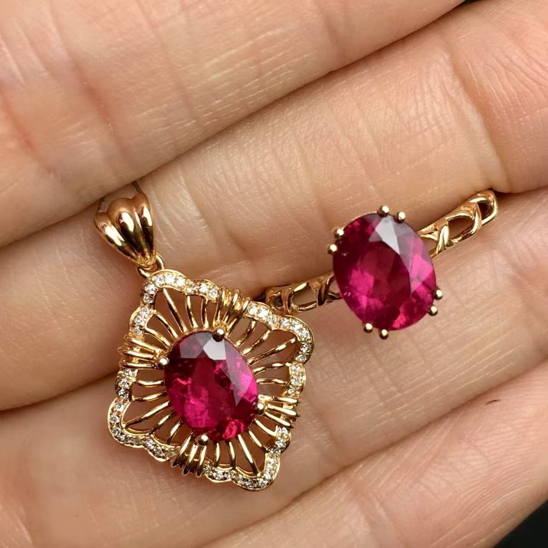 14k Gold 2.5 Ct Natural Tourmaline & Diamond Jewelry Set - 3