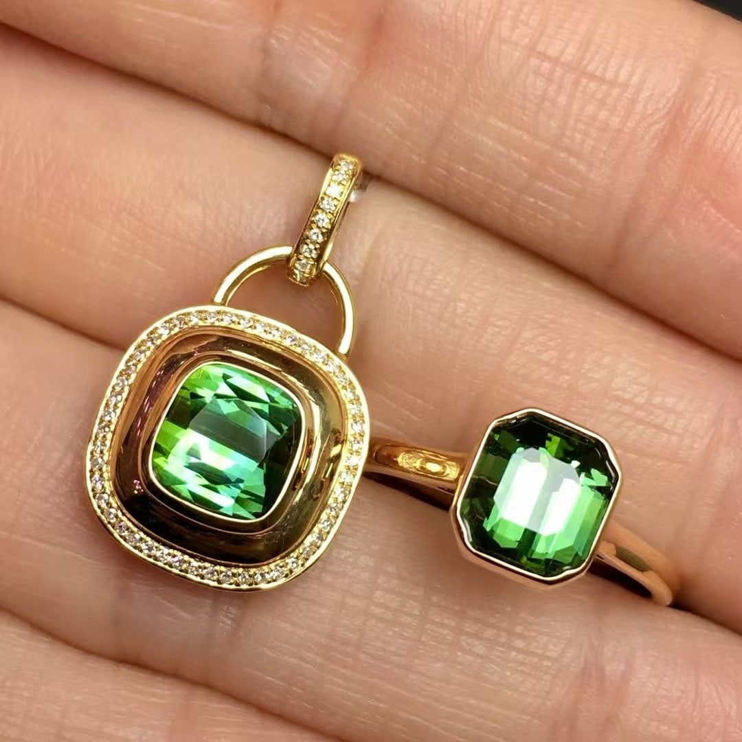 14k Gold 4.0 Ct Natural Tourmaline & Diamond Jewelry Set: Ref:230994175 // gold content:14k gold // ring size:7. 25us // // pendant(without chain) // main gemstone:tourmaline // shape:cushion // carat weight:2. 2ct // color:green // treatment:natural // //