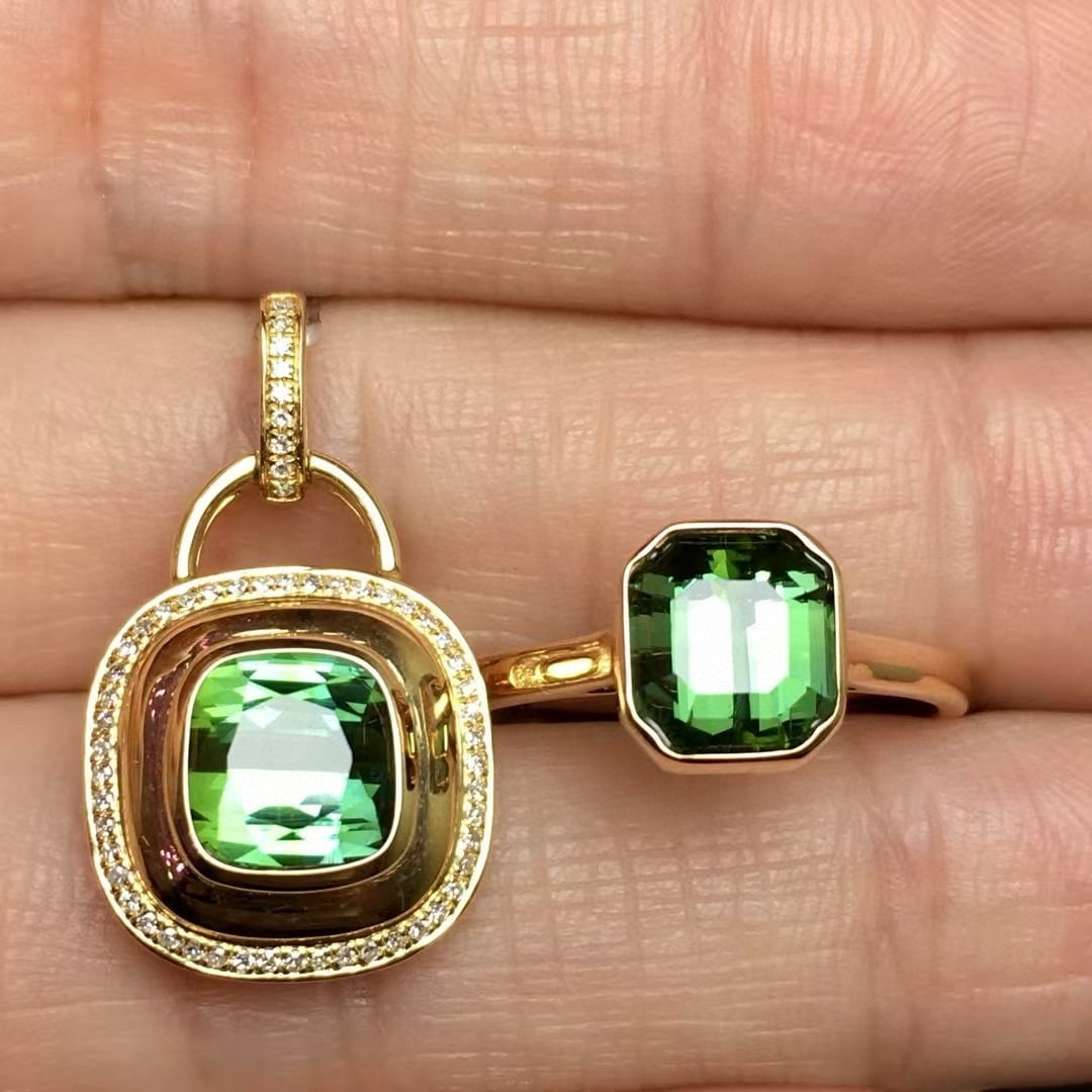 14k Gold 4.0 Ct Natural Tourmaline & Diamond Jewelry Set - 2