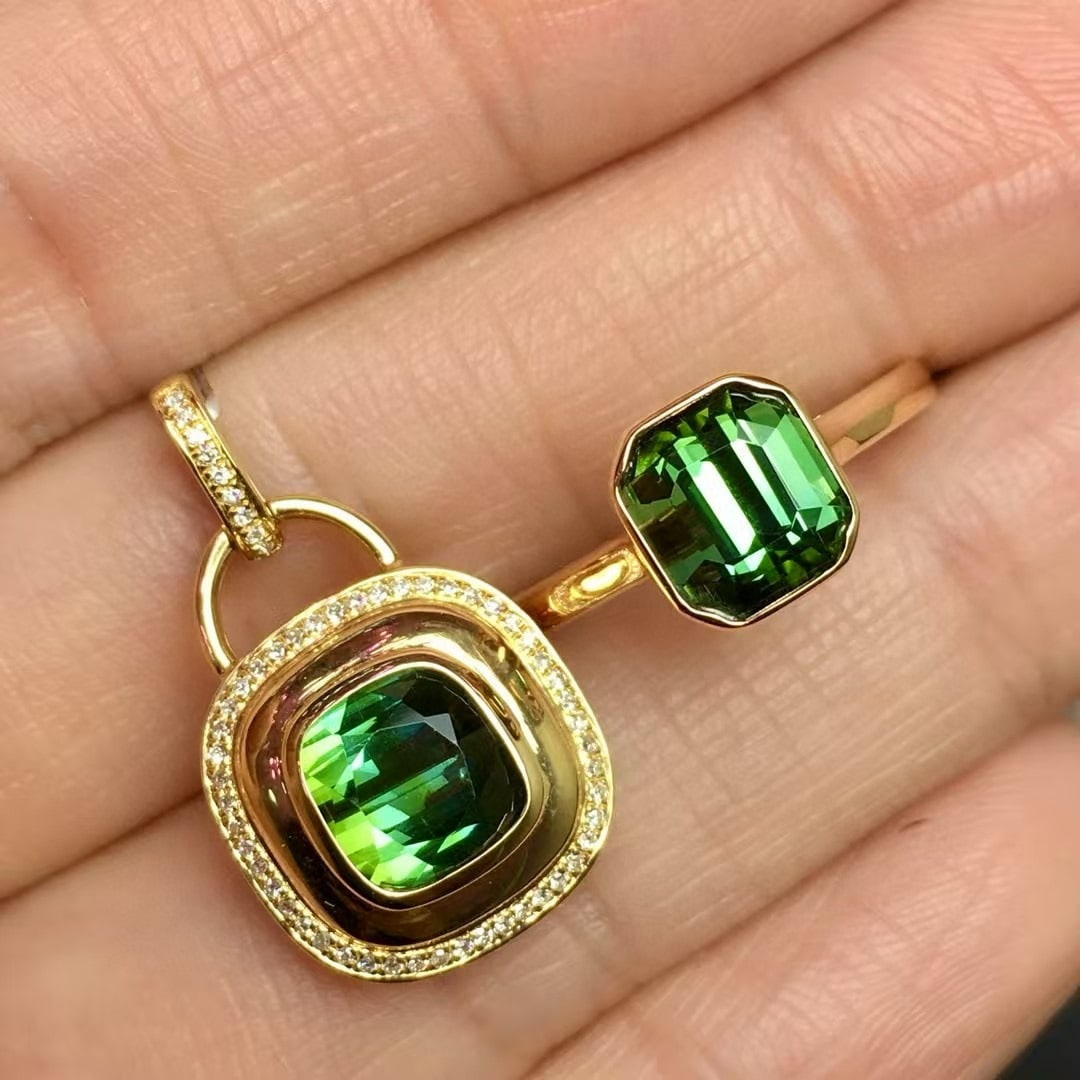 14k Gold 4.0 Ct Natural Tourmaline & Diamond Jewelry Set - 3