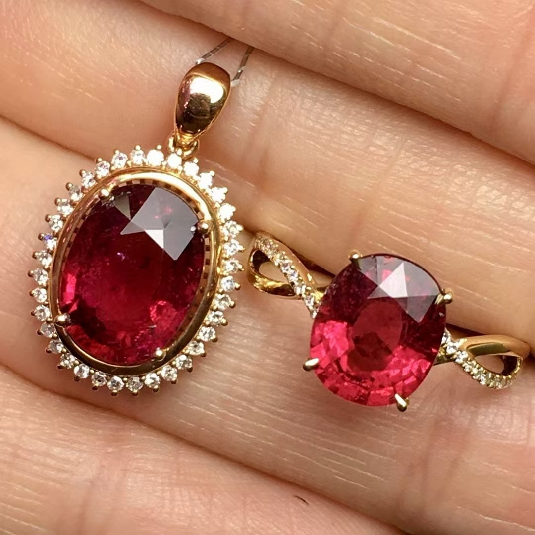14k Gold 5.4 Ct Natural Tourmaline & Diamond Jewelry Set: Ref:230994176 // gold content:14k gold // ring size:7. 25us // // pendant(without chain) // main gemstone:tourmaline // shape:oval // carat weight:3. 2ct // color:red // treatment:natural // // adjace