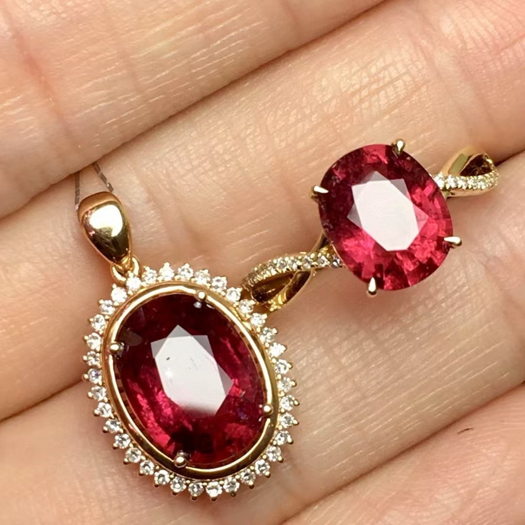 14k Gold 5.4 Ct Natural Tourmaline & Diamond Jewelry Set - 2